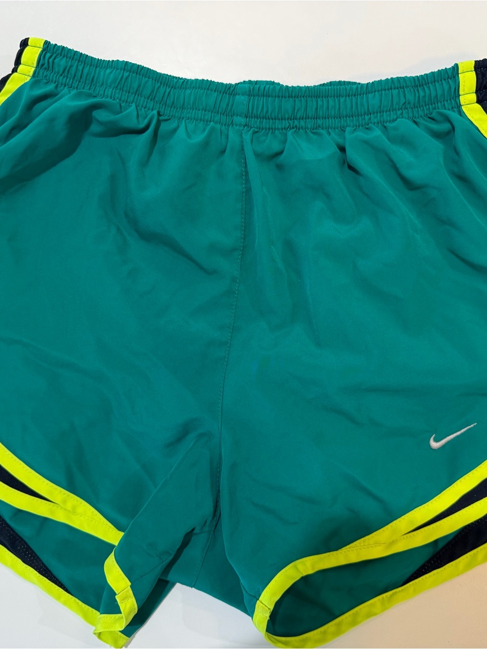 Nike Teal Athletic Shorts with Neon Yellow Trim